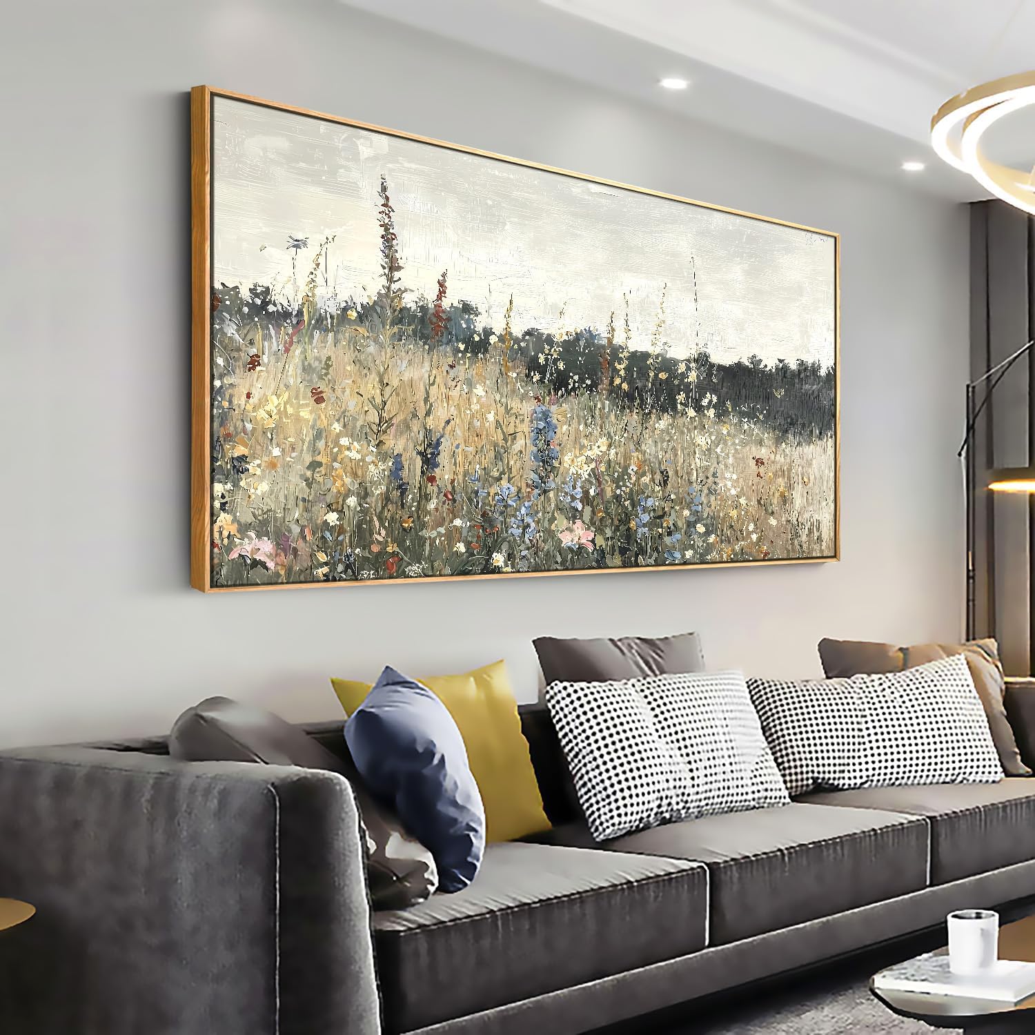 Solid wood Framed Canvas Wall Art Vintage Decor, Classical Oil Painting Canvas Prints Champ fleuri Vintage 29'X58'Wall Art for Home Room Bathroom Decor