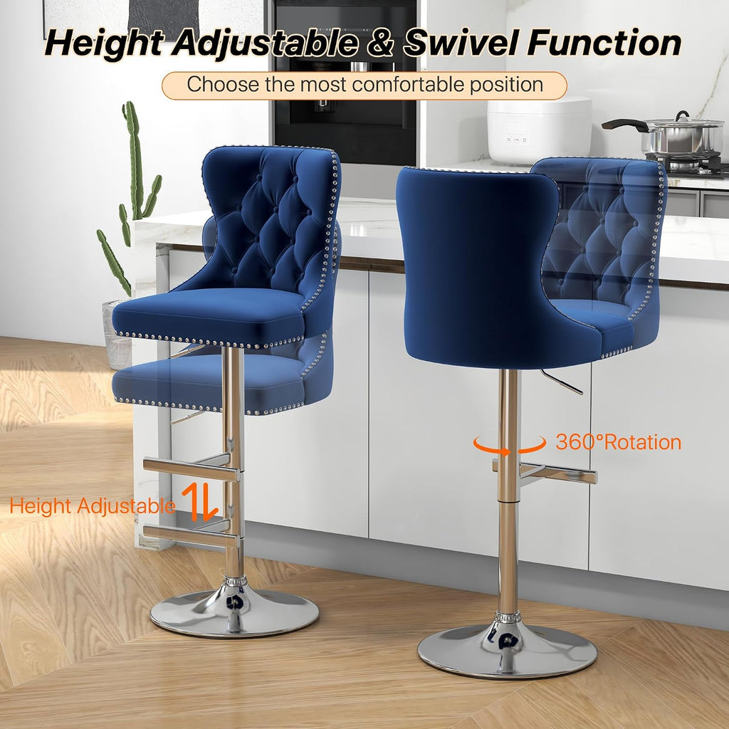 Bar Stools Set of 4, Velvet Swivel Counter Height Stools with Tufted Back, Adjustable Seat with Nailheads Trim, Upholstered Bar Chairs with Steel Base for Kitchen Island, Pub, Blue
