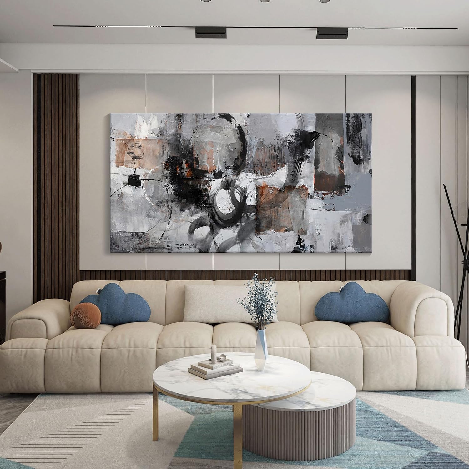 Pogusmavi Large Abstract Canvas Wall Art - Black & Grey, 29x58in, Framed, Modern Decor for Living Room & Bedroom