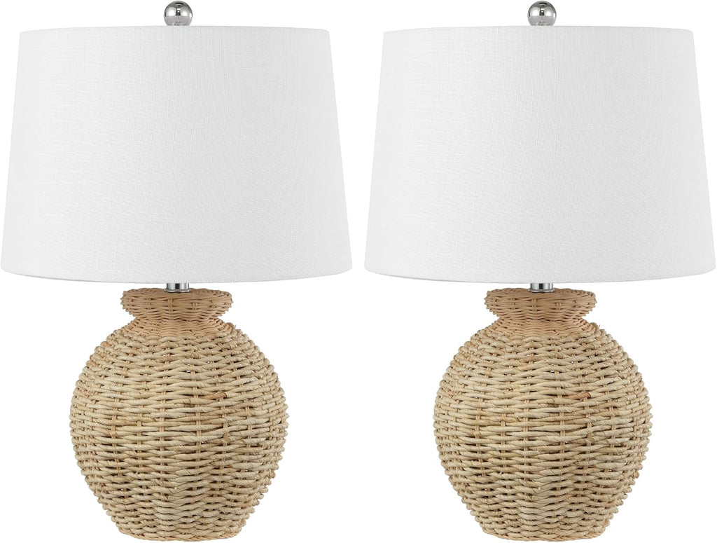 JONATHAN Y 22' Brown Rattan Rustic Coastal Table Lamp Set of 2, Woven Wicker Globe Base with White Linen Shade for Living Room Bedroom, UL Listed, LED Bulbs Included JYL4050A-SET2