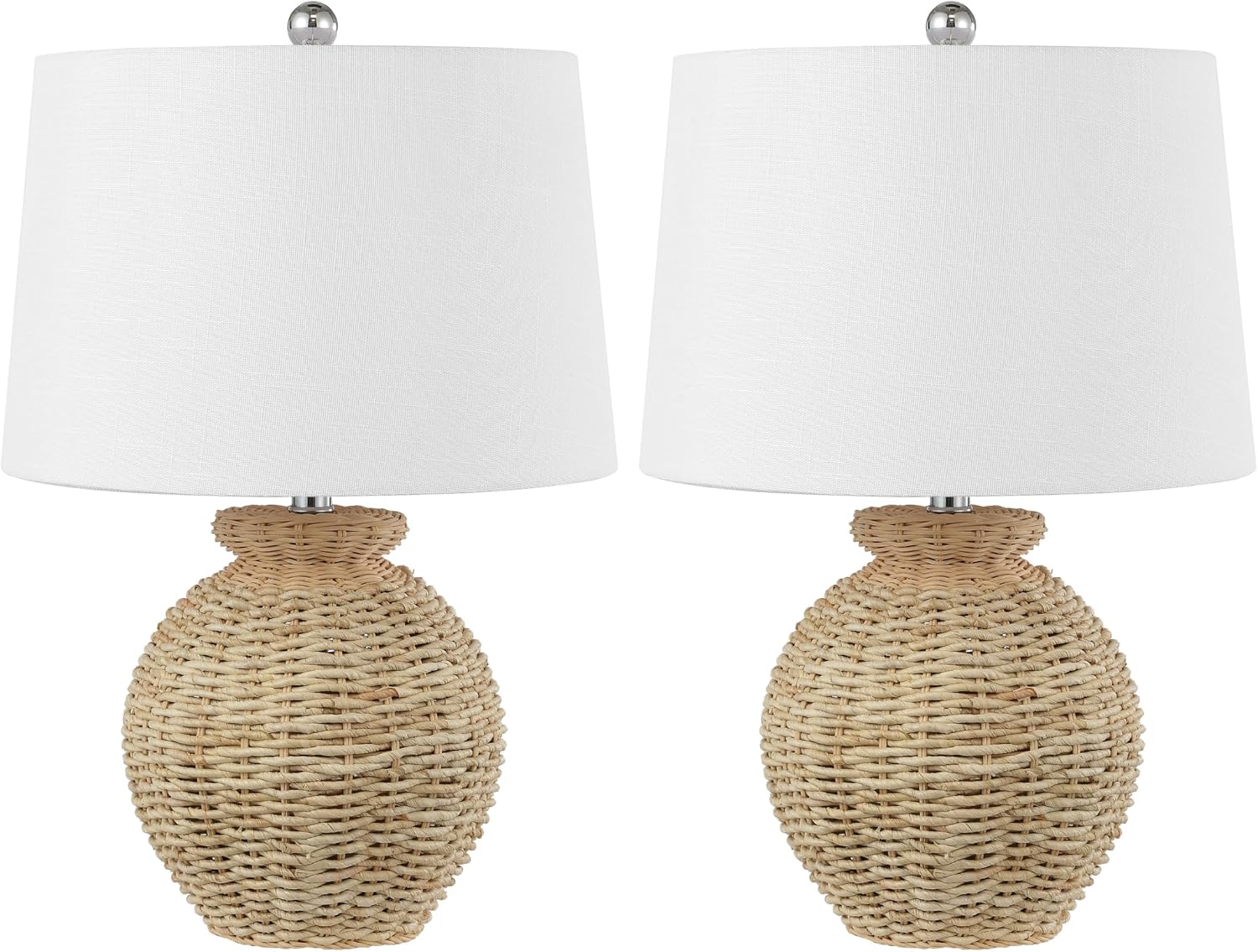 JONATHAN Y 22' Brown Rattan Rustic Coastal Table Lamp Set of 2, Woven Wicker Globe Base with White Linen Shade for Living Room Bedroom, UL Listed, LED Bulbs Included JYL4050A-SET2