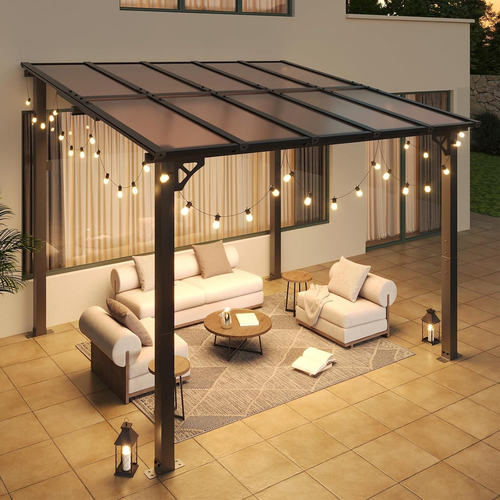 Aoxun 8' x 10' Gazebo for Patio, Wall-Mounted Heavy Duty Awning Pergola with Sloped Roof, LED Outdoor Waterproof Hanging Lights, Perfect for Backyard, Deck and Patio