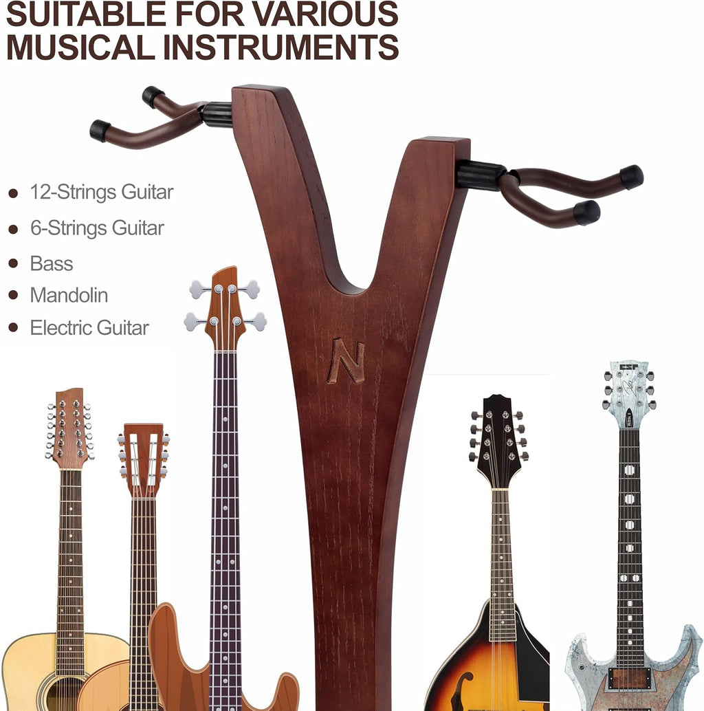Nefelibata Wooden Guitar Stand, Handmade German Ash Solid Y-shaped Wood Racks Floor Holds 2 Guitars, for Electric Guitars, Acoustic Guitars, Classical Guitars, Banjos, Mandolins(Dark Brown)