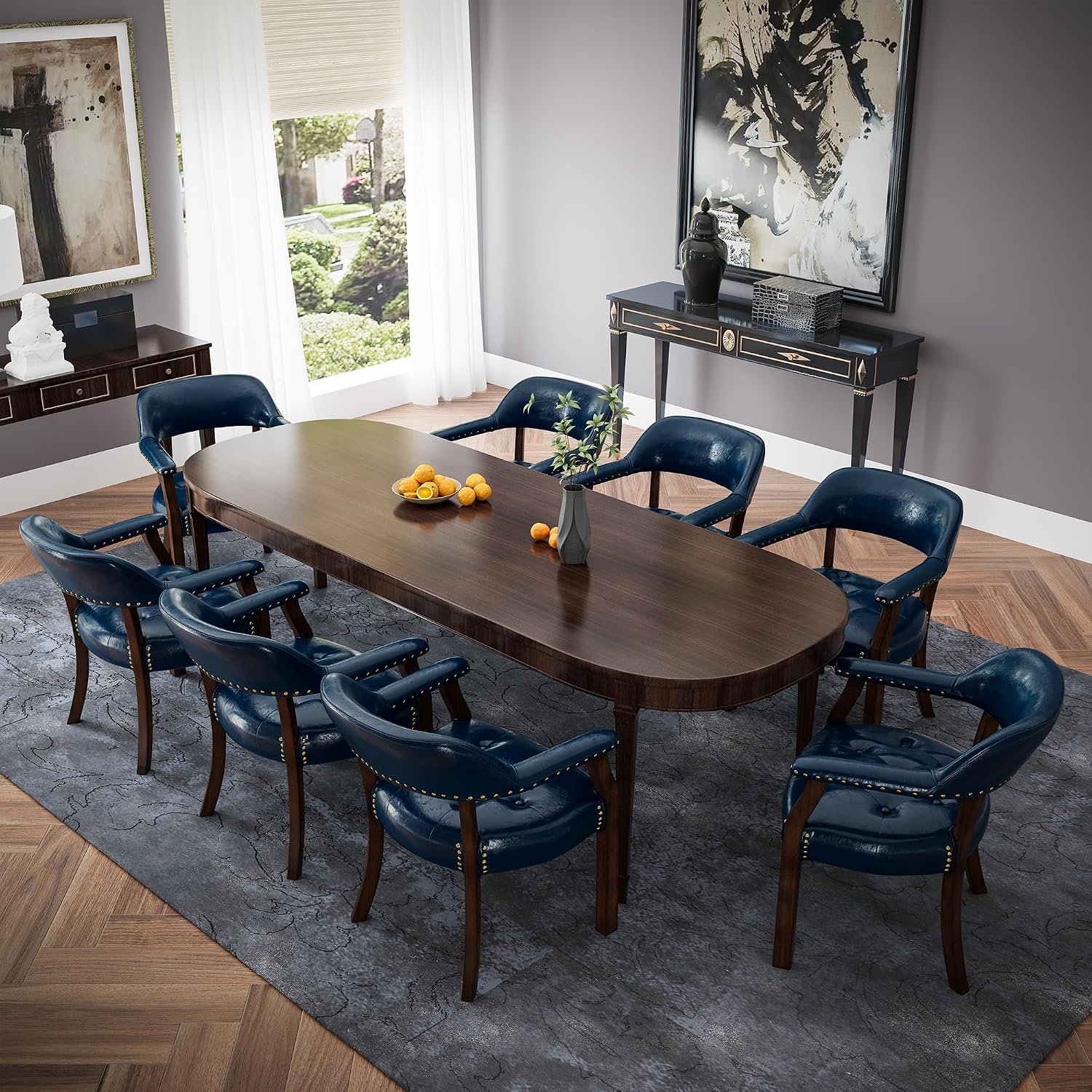 Dining Chairs with Upholstered and Arms,Office Desk Chair with Metal Rivets. PU Boss Captain's Chairs,Classic Accent Stools for Dining Room, Bedroom Brown Legs & Dark Blue NX173-318LB