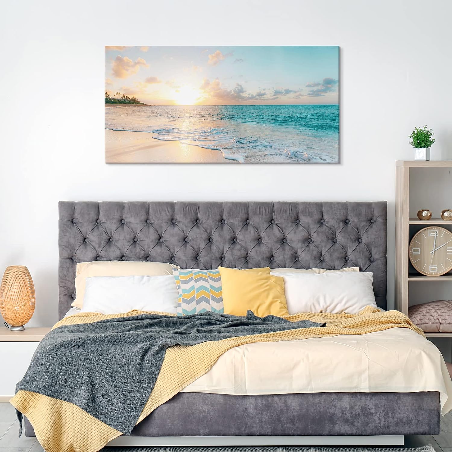 Goldfoilart Large Beach Sunset Canvas Wall Art for Living Room Blue Sea Prints Romantic Ocean Waves Pictures Painting Bedroom Home Office Wall Decor Ready to Hang 24x48Inch