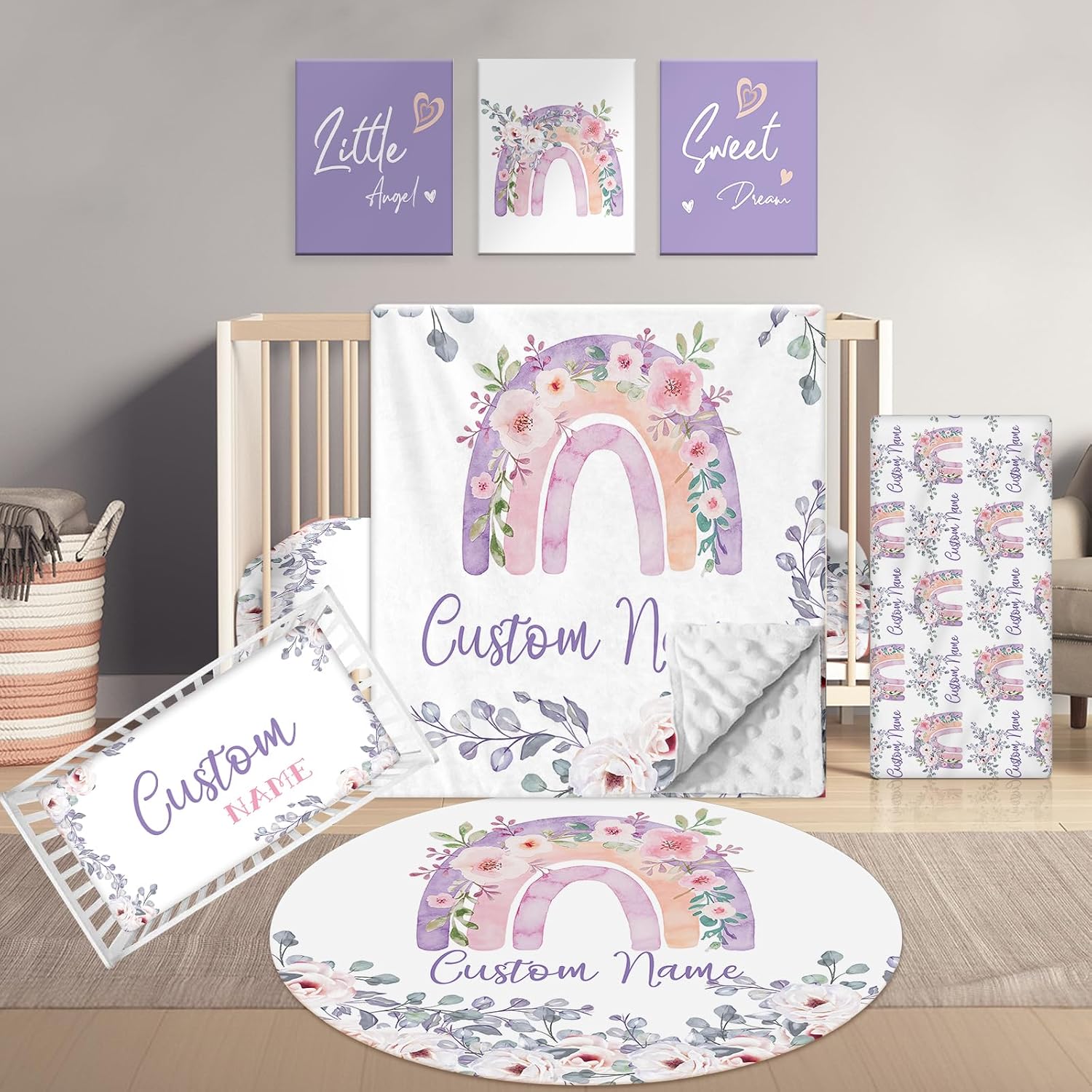 Terwex Personalized Baby Crib Set, 5 Pcs Custom Name Bedding for Girls Boys - Nursery Crib Sets, Soft Toddler Sets for Infant Customized Gifts, Purple Rainbow