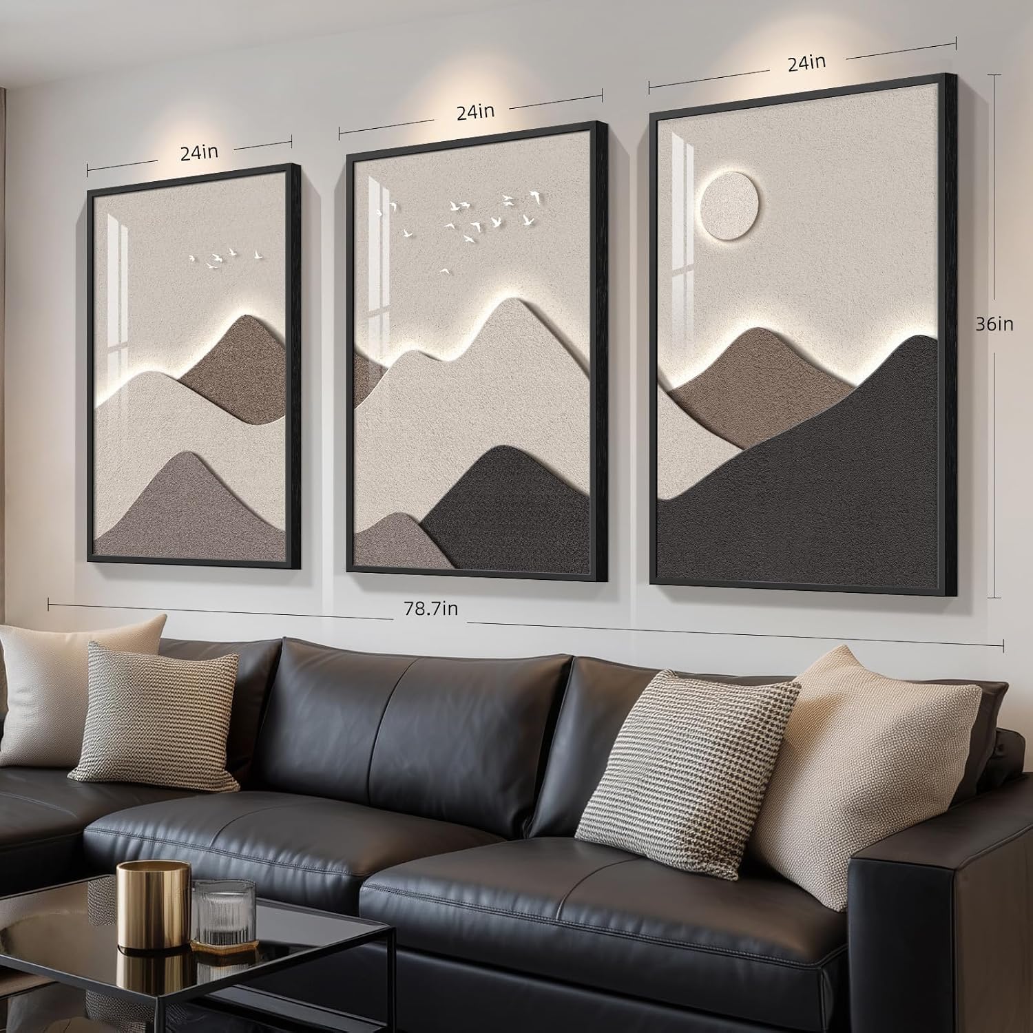 Framed Neutral Abstract Wall Art for Living Room, Large 3 Piece Modern Mountain Bright Style Painting Prints, Brown Minimalist Landscape Artworks for Dining Room Office Wall Decor, 24x36 In