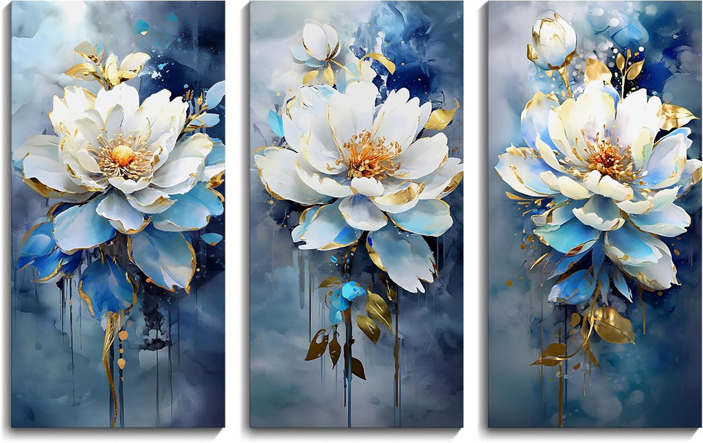 AJAZIKO Navy Blue Wall Art - Modern Abstract Flower Canvas Art - 3 Piece Set - 20x40IN - For Living Room & Bedroom