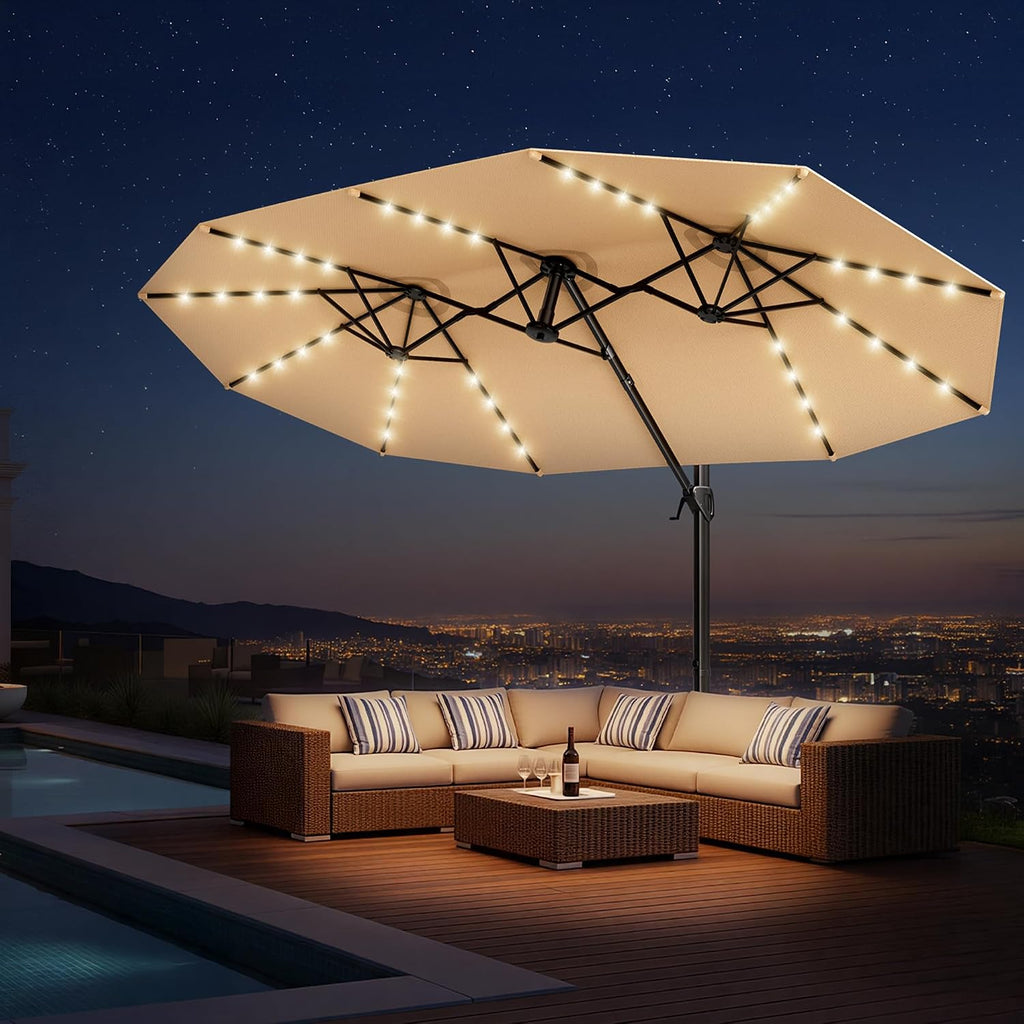 HOMSHADE 15FT Cantilever Double-Sided Umbrella with Solar Light and Base, Rectangle Oversized Offset Patio Umbrellas, Extra Large Outdoor Umbrella for Pool, Deck, Garden (Beige)