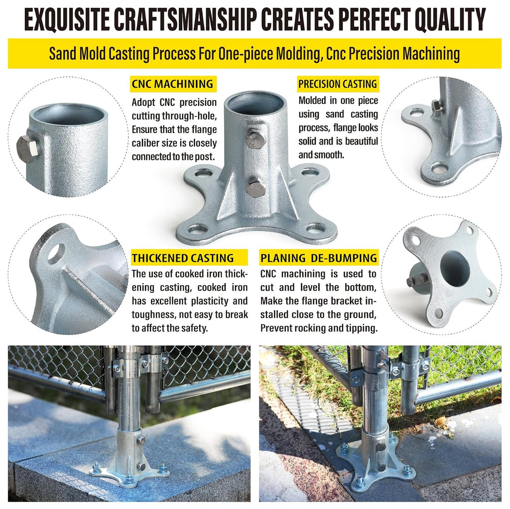 Post 2' (1 7/8' OD) Chain Link Fence Post Floor Flange Bracket, for Chain Link Fence Posts, Mailboxes, and Other Steel Round Post Galvanized Anchor Flange Bases (4 Pack)