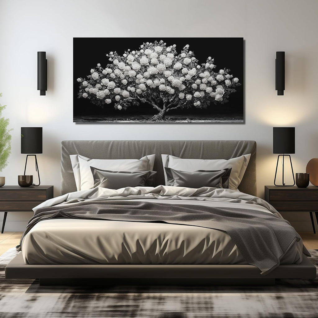 JuhaiArt Tree Painting Canvas Bedroom Black Poster Floral Wall Decor White Rose Wall Picture for Living Room Home Office 29'x 59'