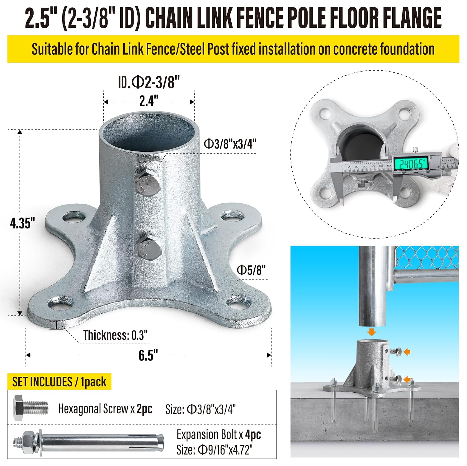Post 2.5' (2 3/8' OD) Chain Link Fence Post Floor Flange Bracket, for Chain Link Fence Posts, Mailboxes, and Other Steel Round Post Galvanized Anchor Flange Bases (4 Pack)