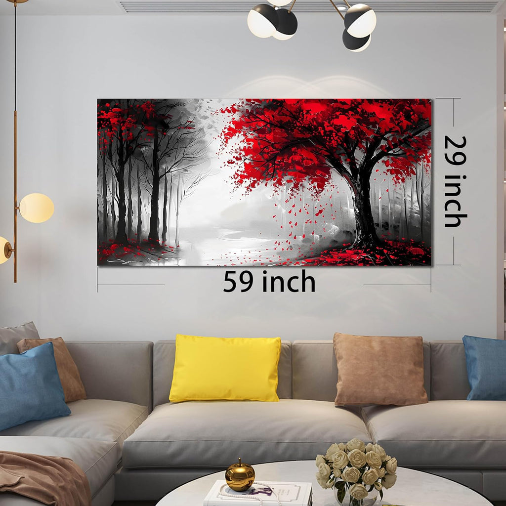 Large Canvas Wall Art for Living Room Black White and Red Forest Print Pictures Painting Framed Wall Decor for Bedroom Modern Home Plant Scenery Wall Decorations Artwork Size 30x60 Ready to Hang