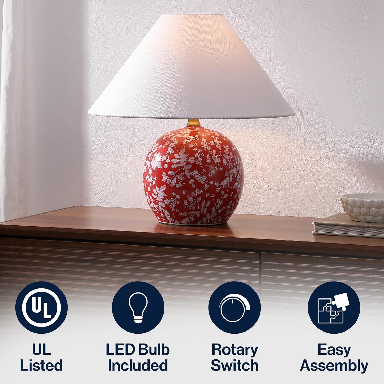 JONATHAN Y 17.25' Red/White Modern Cottage Floral Ceramic Globe Table Lamp for Bedroom, White Linen Shade, LED Bulb Included, French Country Home Decor (JYL5508B)