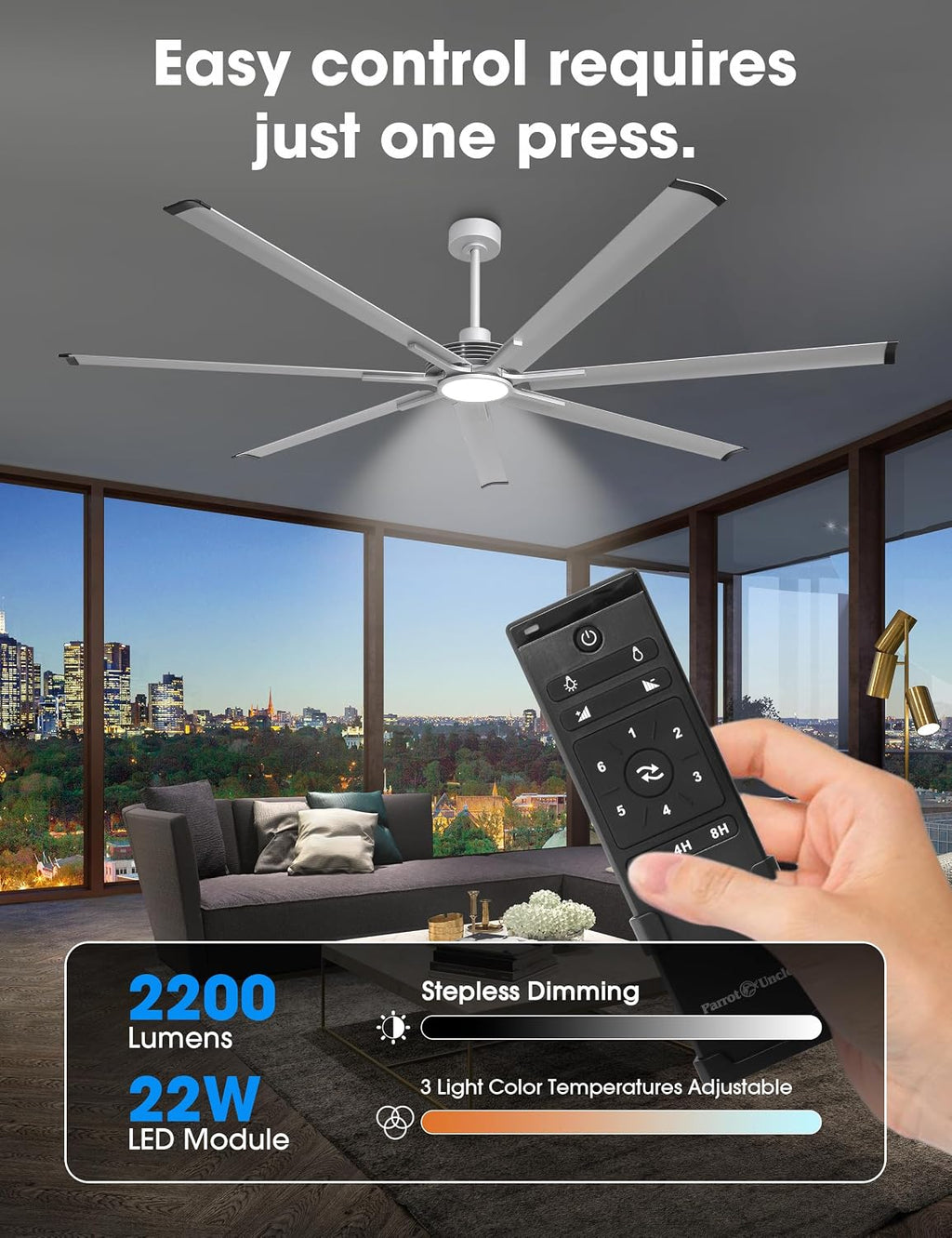 100 Inch Ceiling Fans with Lights and Remote, Industrial Ceiling Fan for Living Room Shop Garage DC Motor Large Outdoor Ceiling Fans for Patios, Dimmable, Timer, 7 Aluminum Blades, Reversible Airflow