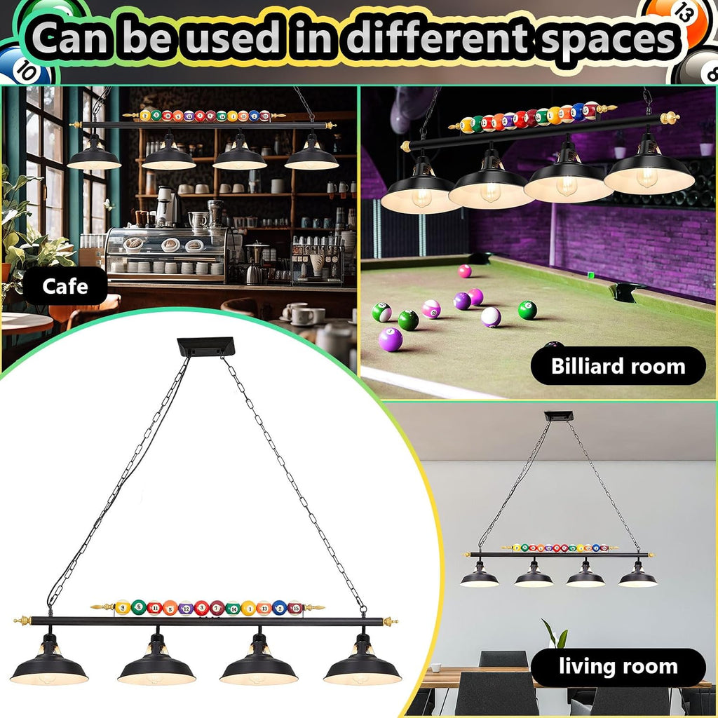 Rossesay Adjustable Pool Table Lights for 7'-8' Billiard Light Hanging Pool Table Fixture Lighting Pendant Lamp with Metal Shades for Game Rooms (Bulb Not Included)(Black,4 Lights)