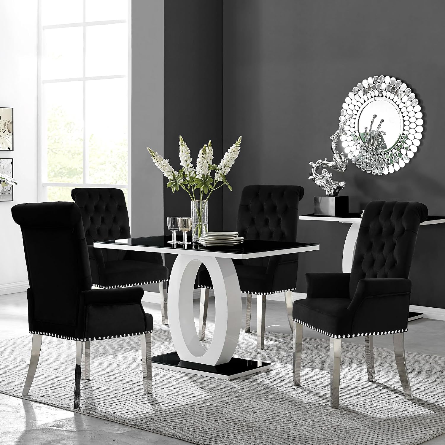 LOULENS Luxurious Velvet Dining Chairs, Modern Upholstered Tufted Dining Room Chairs, Armrests Dining Chairs with Stainless Steel Leg, Black