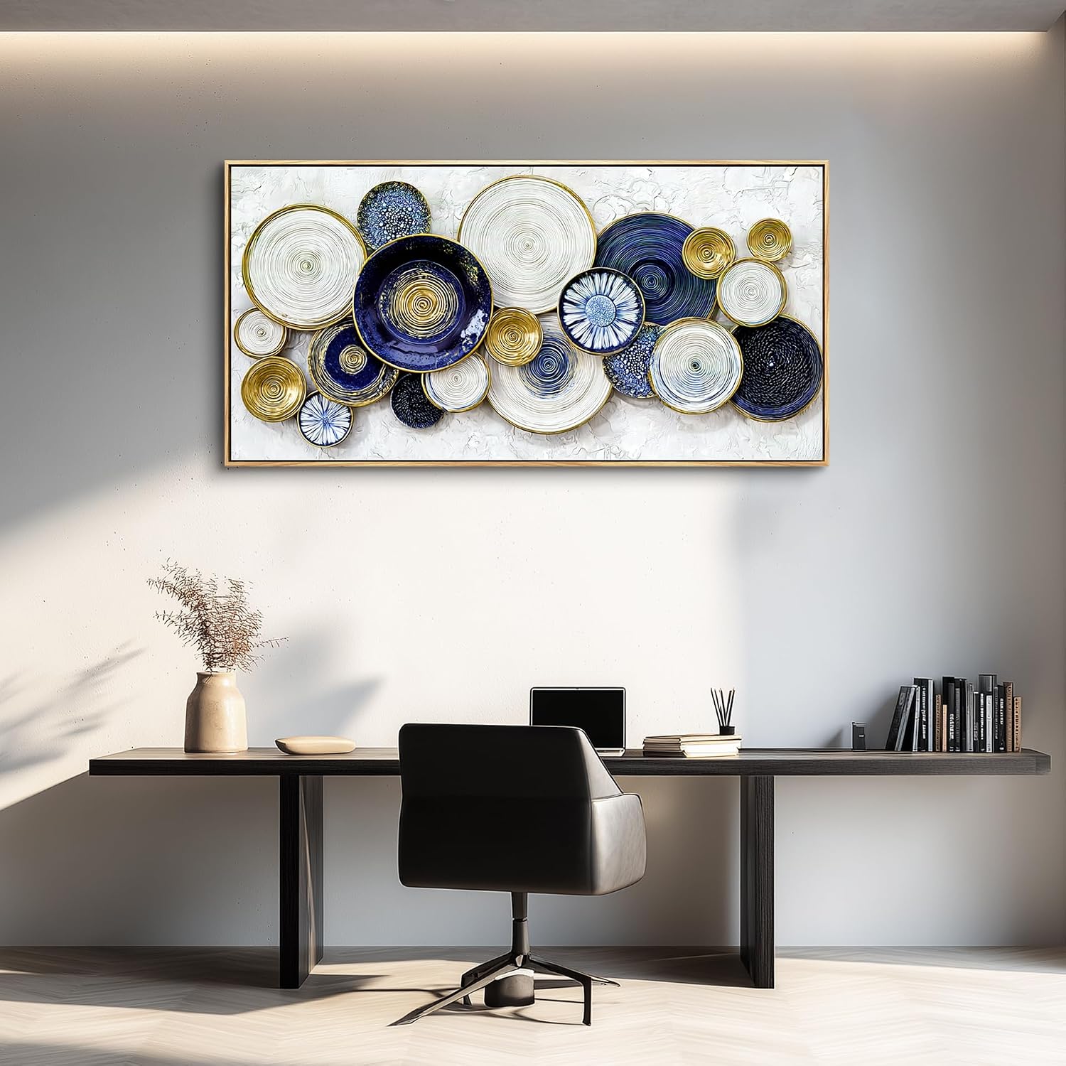 JUDASJART Canvas Wall Art For Living Room Large Wall Decor For Office Bedroom Decorations Blue Swirl Gold Trim Landscape Pictures Abstract Painting Artwork Room Wall Mural Aesthetic Home Decor 30x60 In