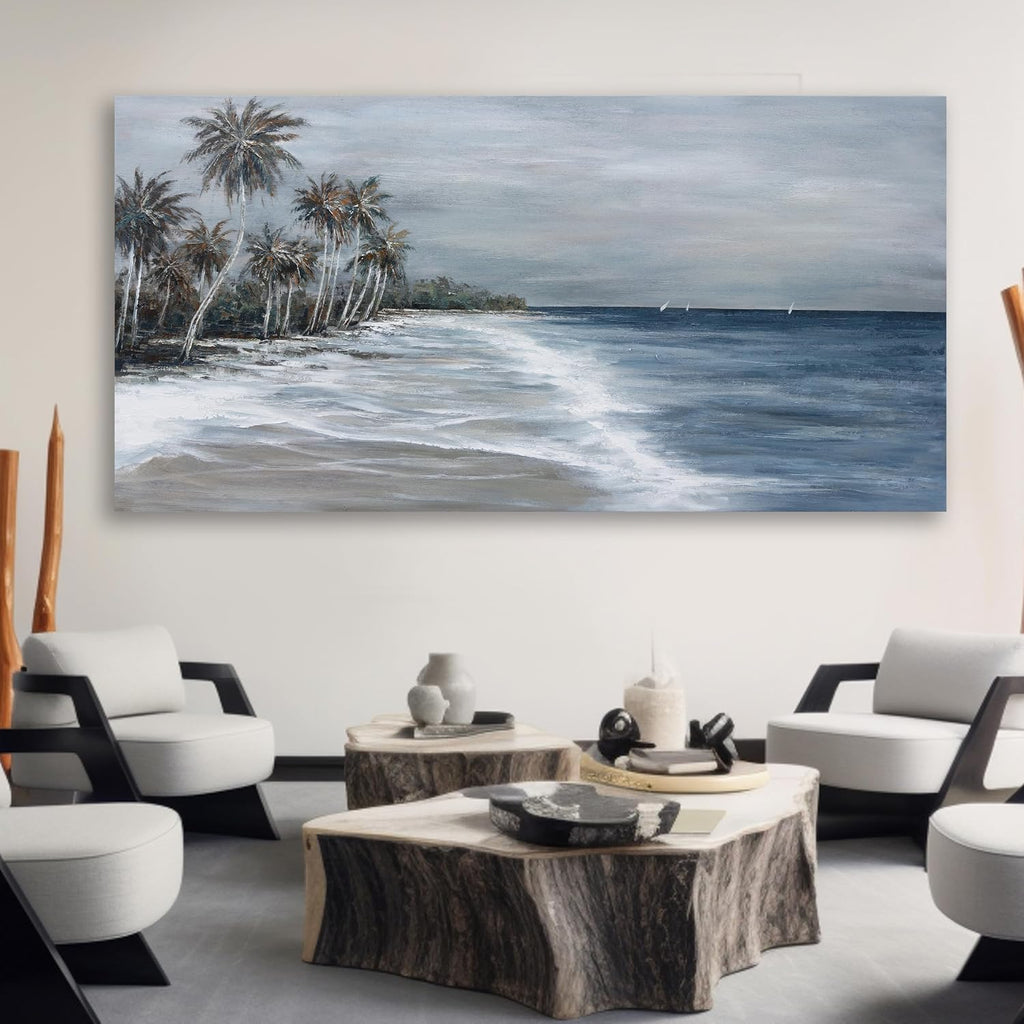 Coastal Wall Art Blue Gray Beach Wall Decor Landscape Abstract Canvas Painting Modern Ocean Artwork Framed for Living Room Bedroom Bathroom Office Decor 58'x29'Can Be Hung Directly