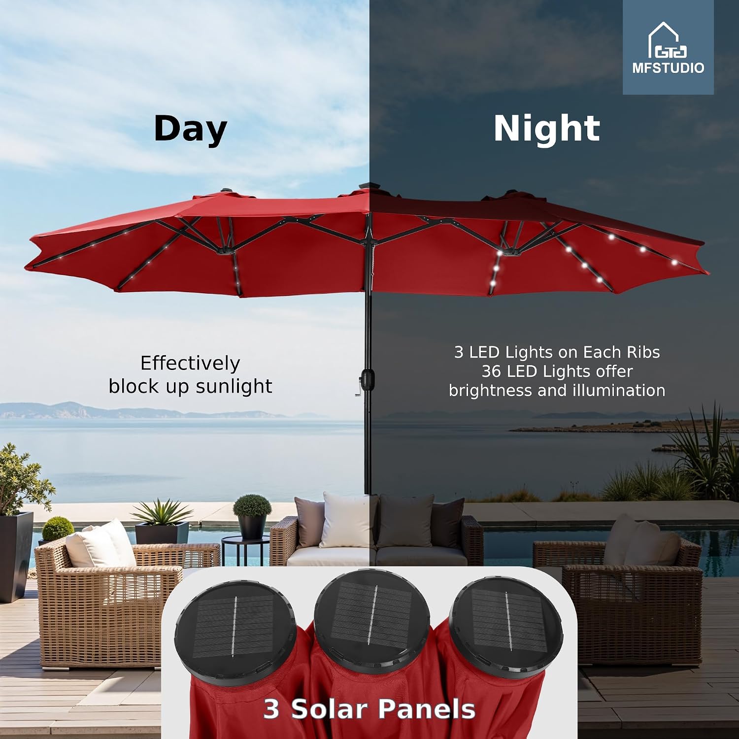 MFSTUDIO 15ft Patio Umbrella with Solar Lights, Outdoor Large Rectangular Umbrellas with Base, Crank Handle and 36 LED Lights for Yard Deck Pool, Burgundy Red
