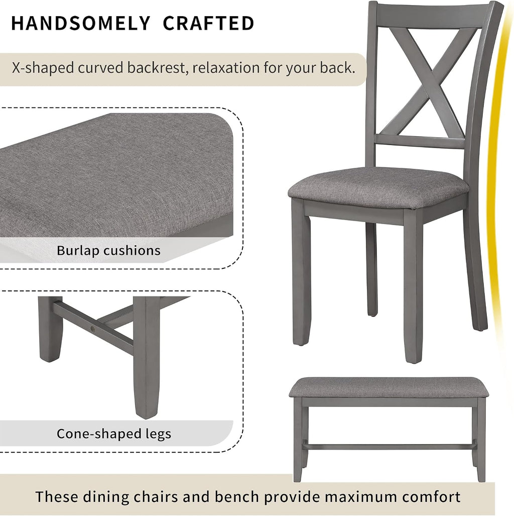 6-Piece Dining Room Table Set, Rustic Farmhouse Wood Dining Table Set with Rectangular Table 4 Upholstered Padded Chairs and 1 Padded Bench, Dining Set for Family of 4-6 People (Grey)