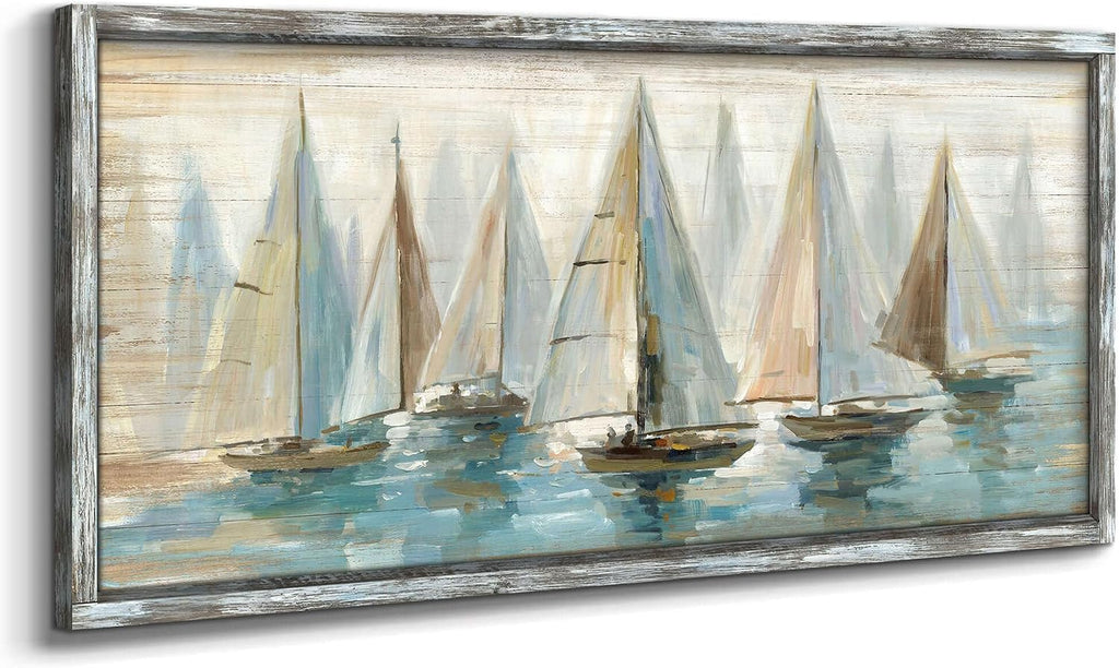 Ocean Pictures Wall Art Framed: Beach Seaside Artwork Coastal Sailboat Art on Wooden Seascape Painting for Living Room(60x30)