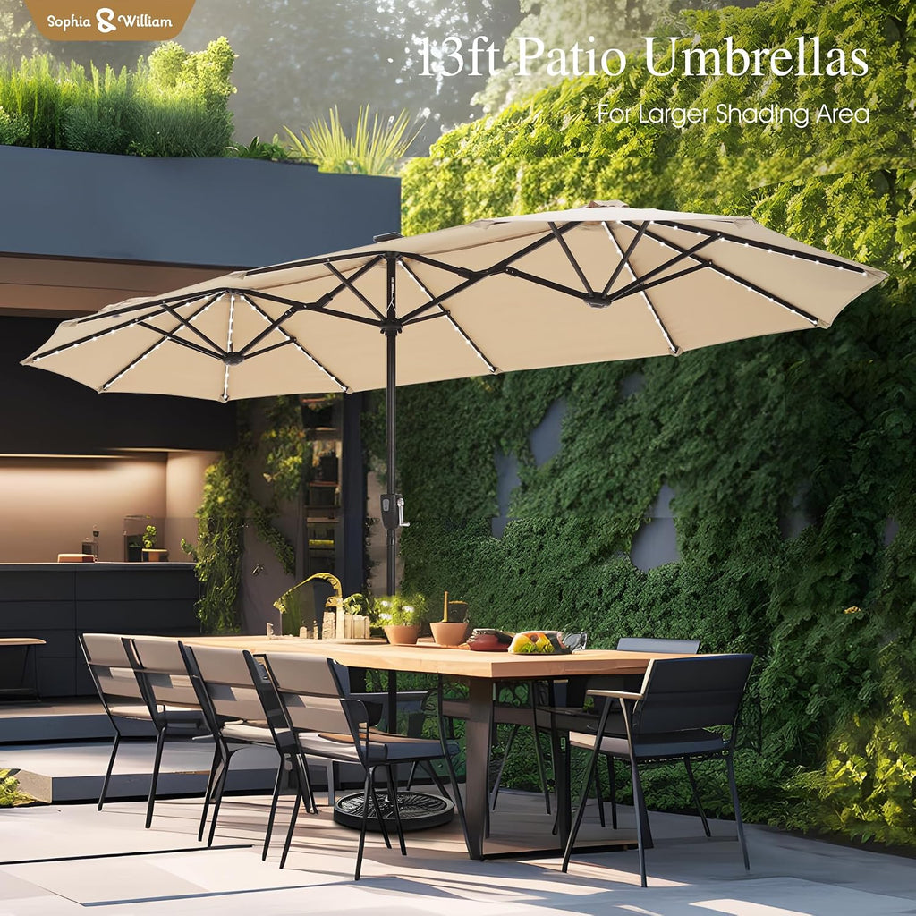 Sophia & William 13ft Outdoor Patio Umbrella with Solar Lights, Large Double-sided Umbrella with LED Lights, Perfect for Garden, Deck, Pool, Beige