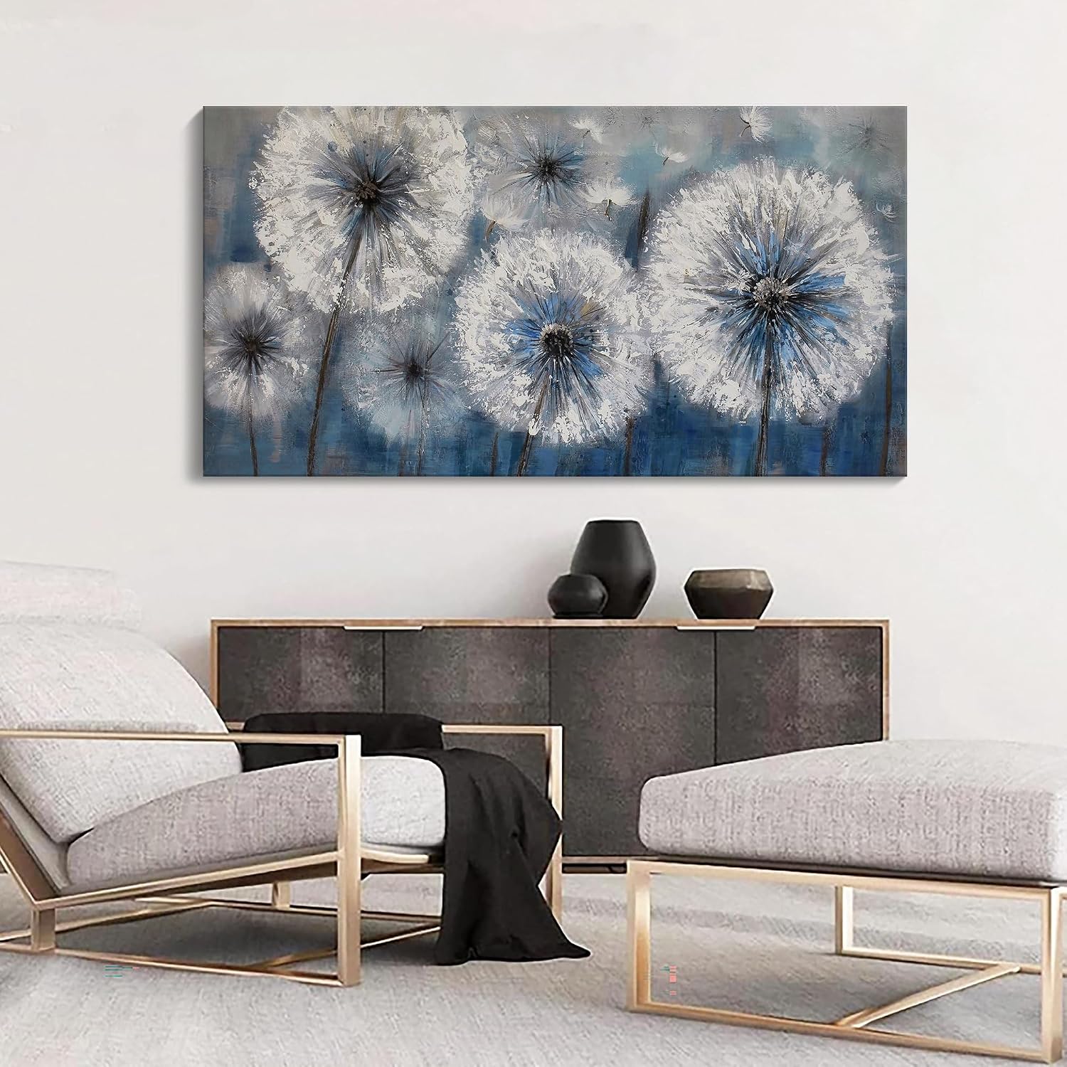 Dandelion Wall Art Blue Large Picture for Living Room Canvas Art Wall Decor Above Bed White Flower Artwork for Walls Wall Paintings Modern Art Aall Decor Framed Wall Art for Bedroom 29×58IN
