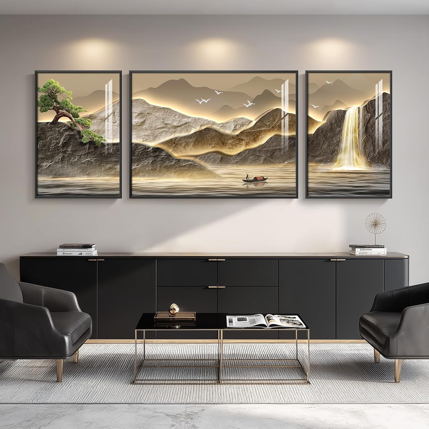 Framed Mountain Wall Art for Living Room, 3 Piece Brown Landscape Painting Prints, Modern Luxury Bright Style Pine Tree Waterfall Artwork for Dining Room,Hallway Office Wall Decor