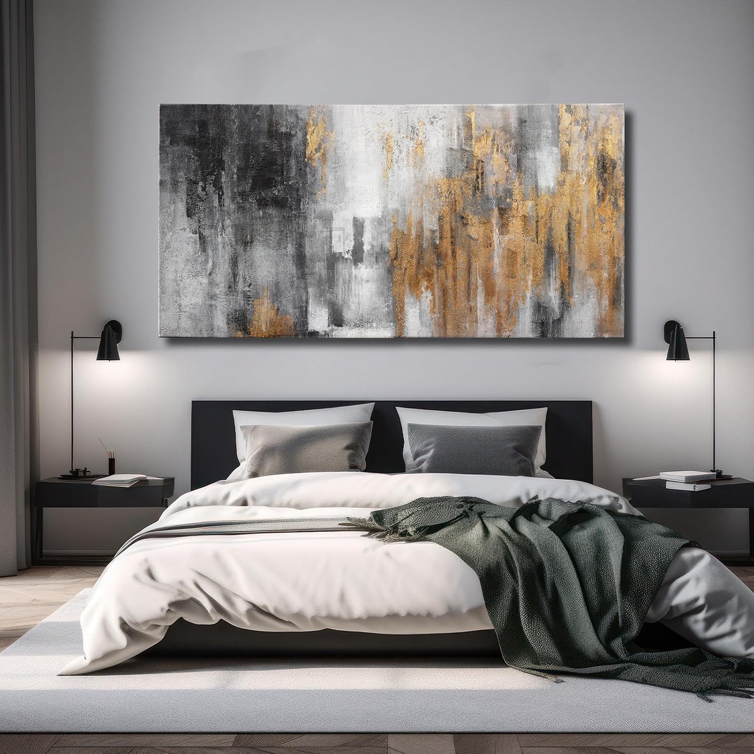 YJYart Abstract Canvas Wall Art with Gold Foil Modern Black Oil Paintings Graffiti Wall Art for Living Room Bedroom Kitchen Office Wall Decorations 30' x 60'