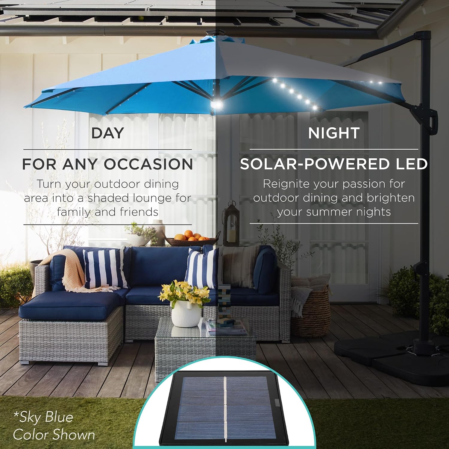 Best Choice Products 10ft Solar LED Cantilever Patio Umbrella, 360-Degree Rotation Hanging Offset Market Outdoor Sun Shade for Backyard, Deck, Poolside w/Lights, Easy Tilt, Cross Base - Purple