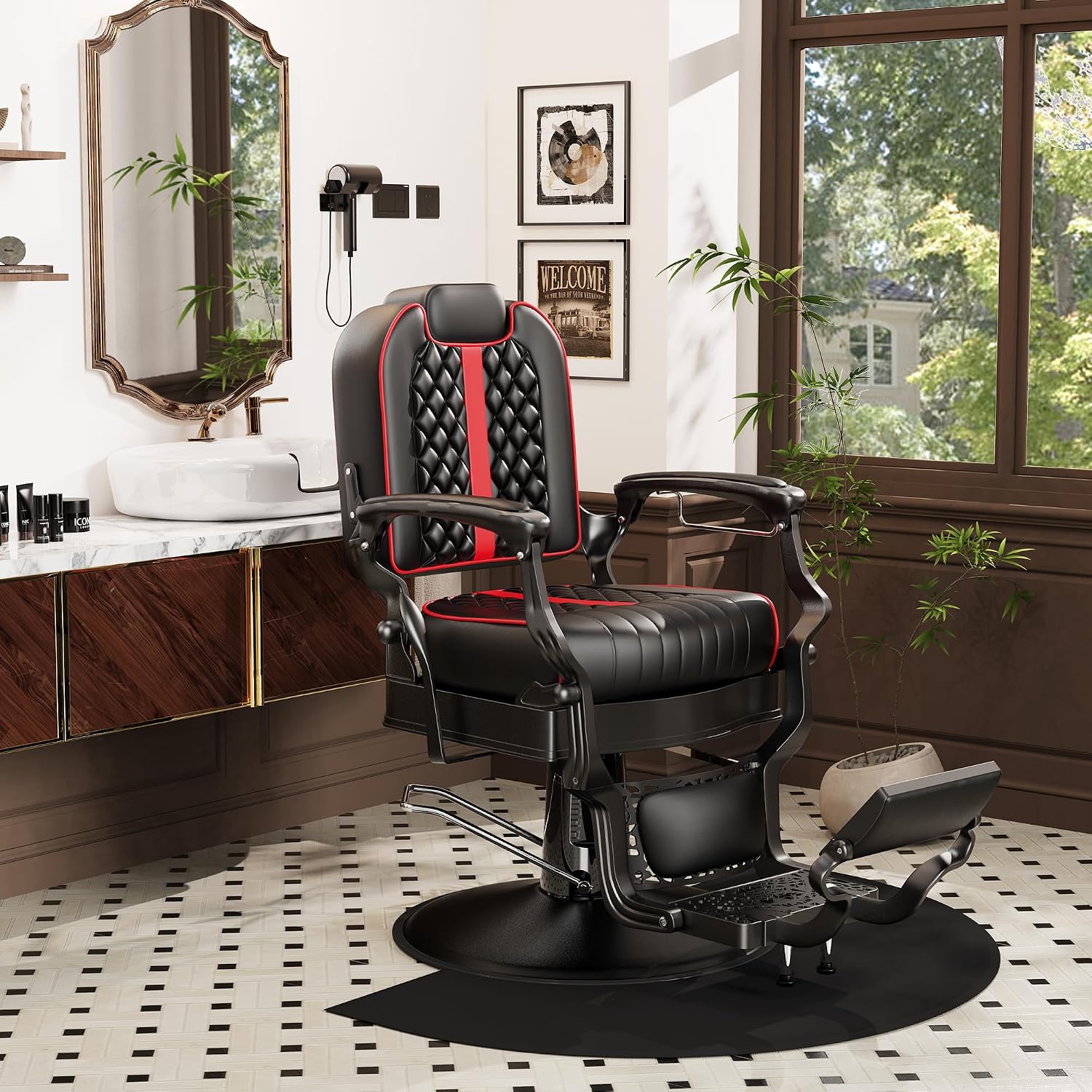 Baasha Professional Reclining Barber Chair with Adjustable Headrest, Hydraulic Heavy-Duty Base, Soft Upholstery & Thick Cushion, Tattoo & Hair Salon Chair, 550 lbs Capacity