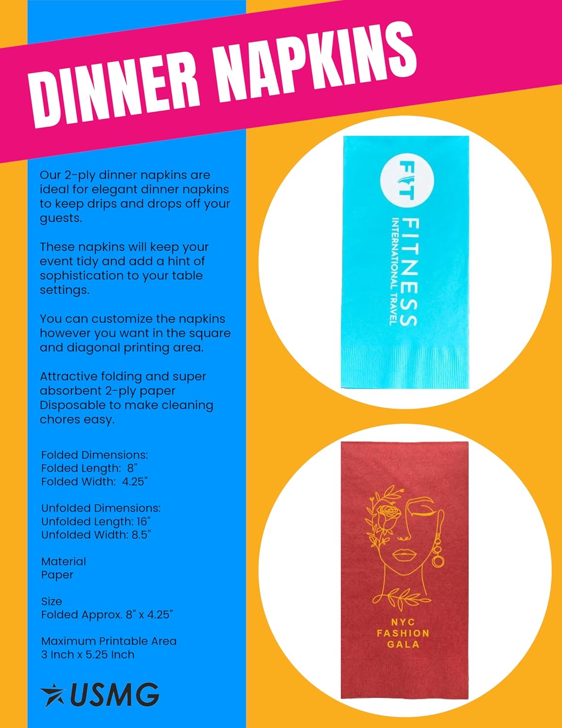 Personalized One-Color Imprint Dinner Napkins for Parties, Events, and Restaurants