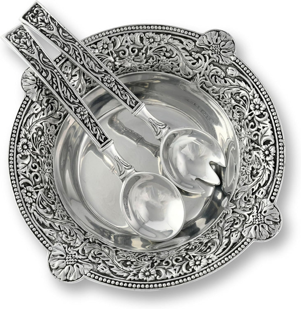 Arthur Court Concho Pattern Salad Bowl with Serving Set 11.75' Diameter 3.5' Tall - 3 Pieces - Aluminum Metal