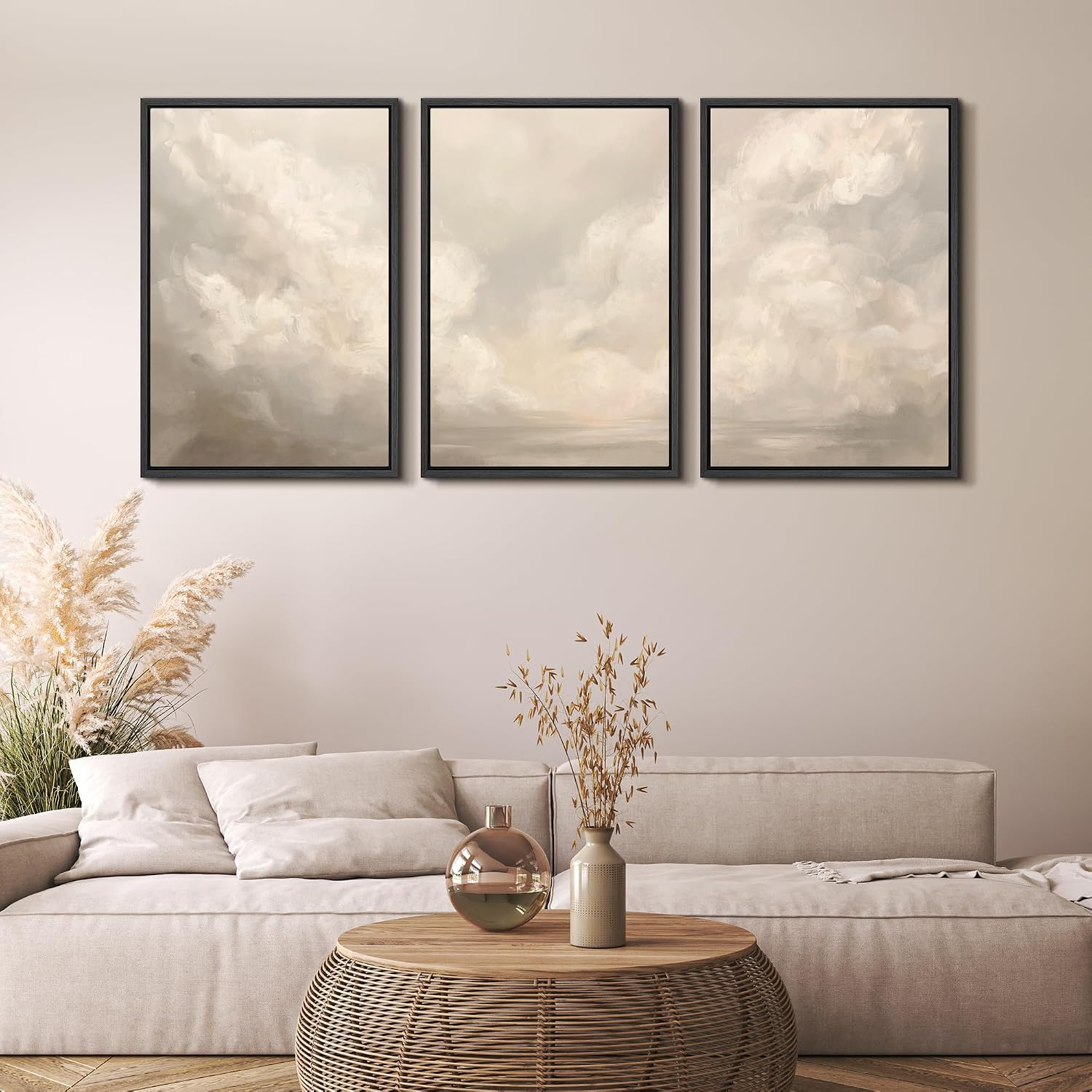 MUDECOR Framed Wall Art Print Set Neutral Cloudscape Soft Beige Abstract Sky Illustrations Modern Art Boho Decorative Colorful Chic for Living Room, Bedroom, Office - 24'x36'x3 Black