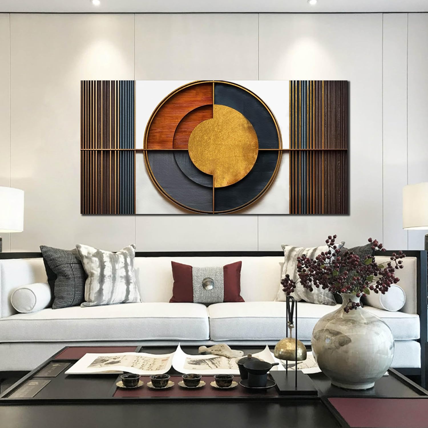 Large Canvas Wall Art for Living Room Bedroom Home Office Brown and White Wood Color Geometrical Picture Modern Canvas Prints Framed Wall Decor Size 29x59