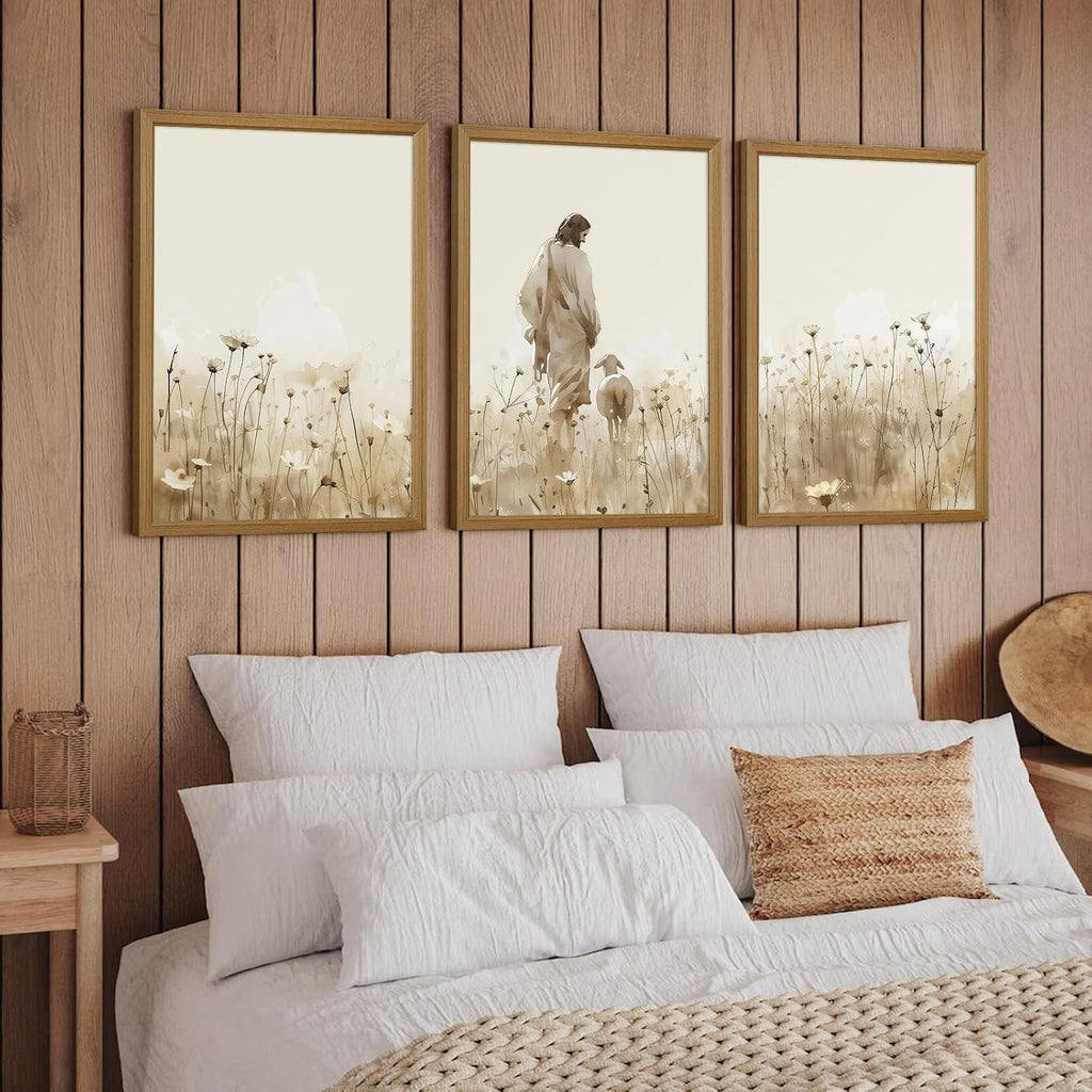 Jesus Leaves the 99 Sheep Wall Art Christian Canvas Poster Jesus and Lamb Wall Decor Religious Pictures Lost Sheep Painting God Christ Painting Artwork for Bedroom Living Room 24x36x3 Inch Wood Framed