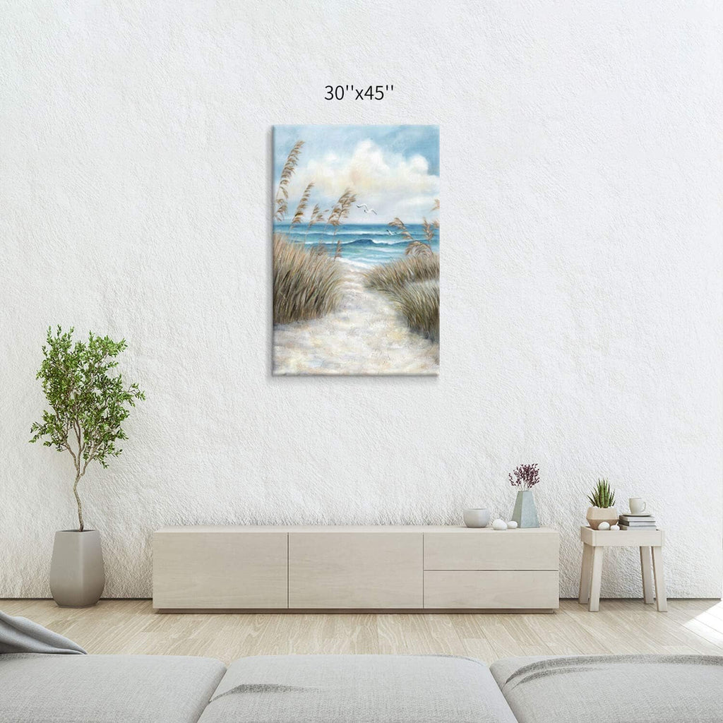 Abstract Beach Picture Wall Art: Sandy Path to Ocean with Sea Grass Artwork Painting for Bedroom (45'' x 30'' x 1 Panel)
