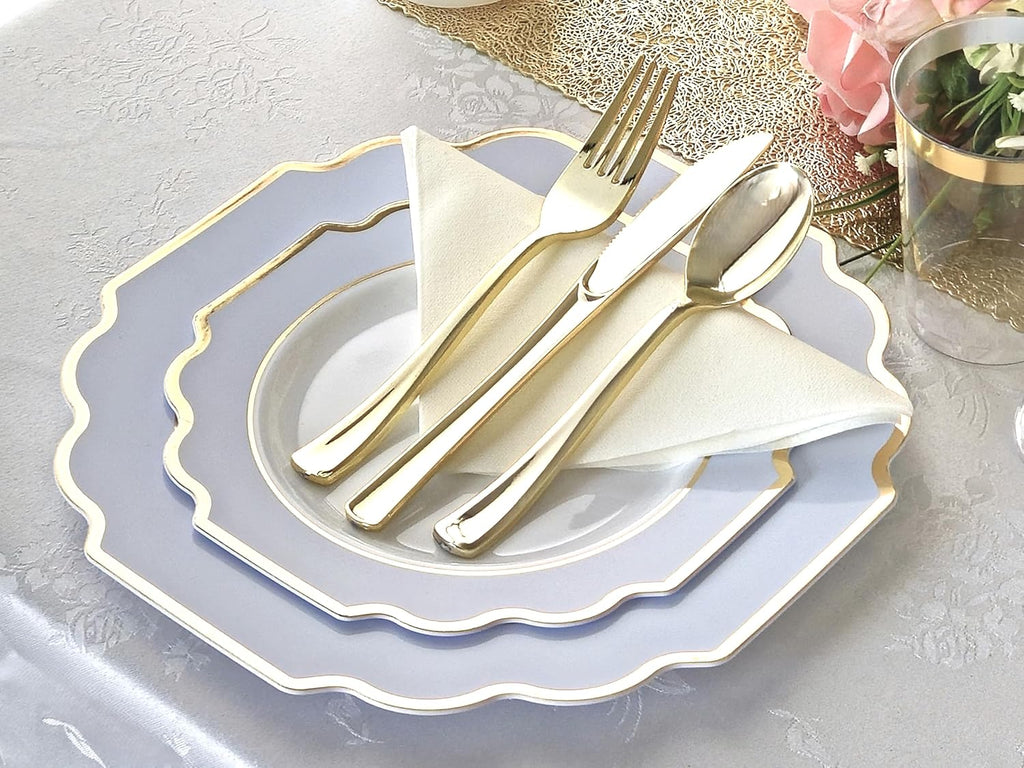 ' OCCASIONS ' 960 Piece set (120 Guests)-Heavyweight Wedding Party Disposable Plastic Plate Set - 120 x 10.5'' + 120 x 8'' + Silverware + Cups + Napkins (Imperial in White & Blue & Gold)