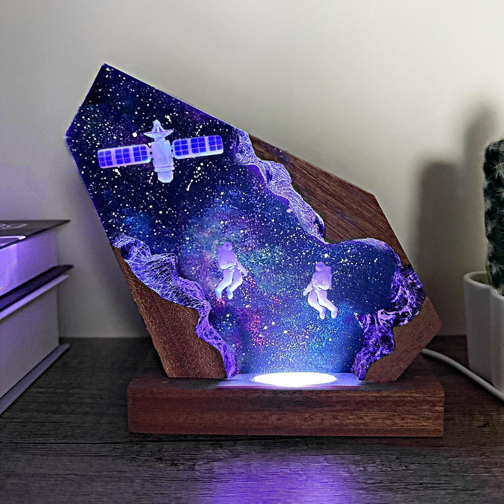 Handcrafted Astronaut Resin Lamp, RGB Galaxy Light with Wood Base USB Charging, Space Themed Bedroom Decor, Astronomy Gift for Teens,Sci-Fi Lovers Birthday & Christmas (L 10'x6')