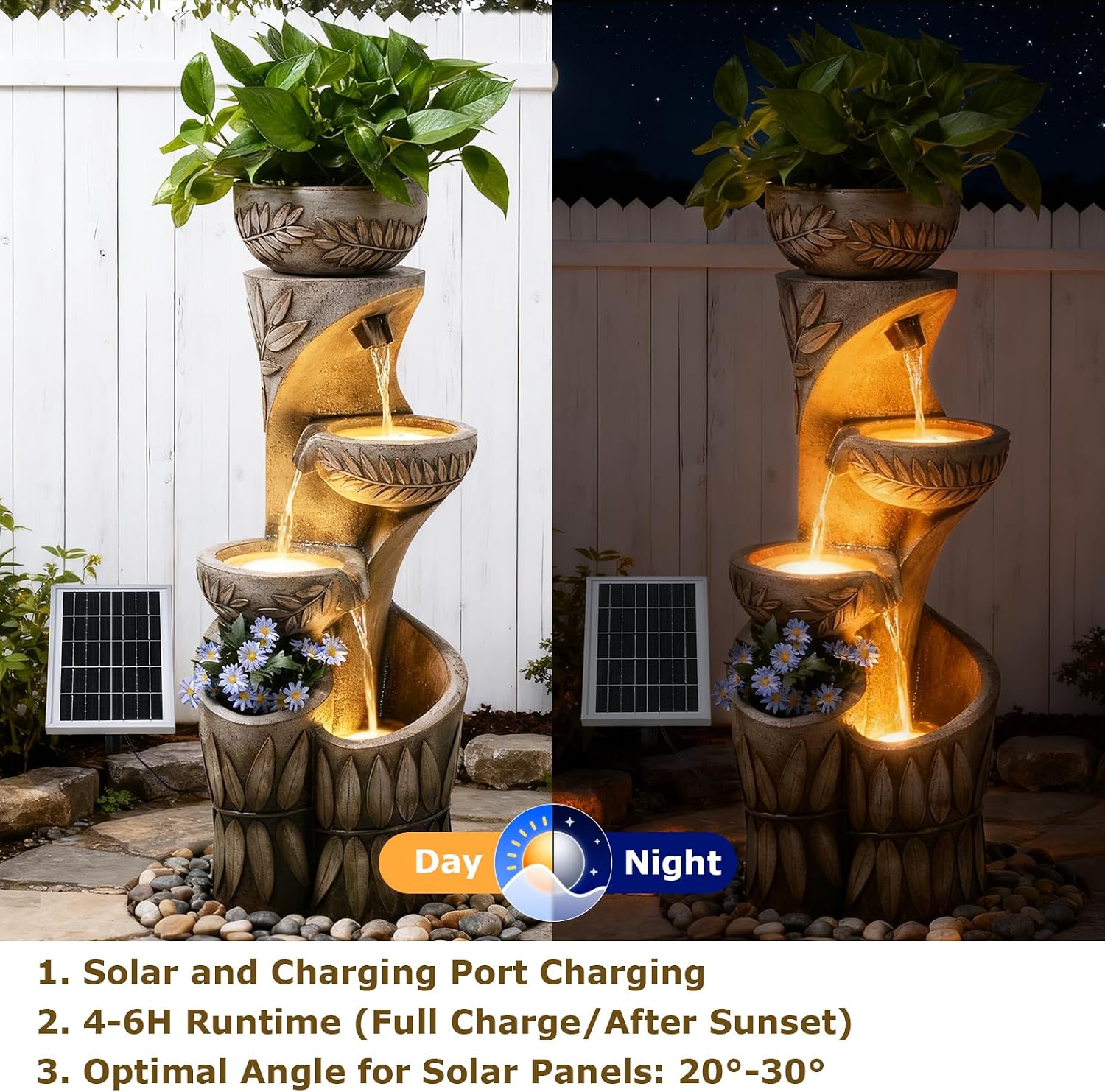 4 Tiered Solar Water Fountain Outdoor Garden, 35.6' Tall Cascading Bowl Leaf Carved Outdoor Waterfall Fountains Modern Water Feature with Dual Planters for Garden, Patio, Deck, Yard, Indoor Decor