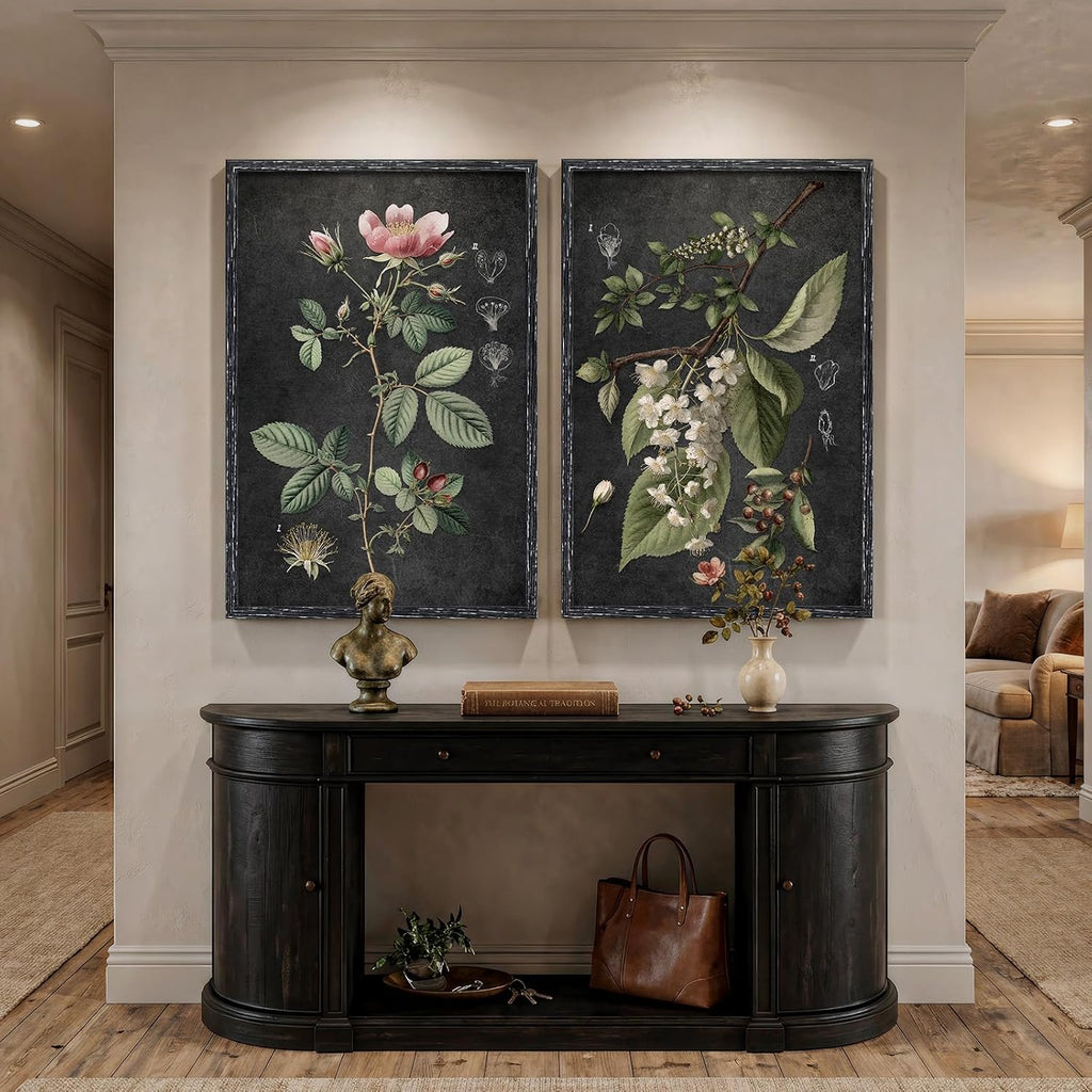Large Framed Vintage Botanical Wall Art Set of 2, Rustic Retro Dark Floral Canvas Paintings Prints, Antique Flower Pictures for Farmhouse Living Room Hallway Bedroom Dining Room Wall Decor, 24x36 Inch