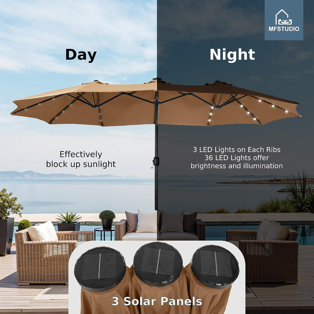 MFSTUDIO 15ft Double Sided Patio Umbrella with Solar Lights, Outdoor Large Umbrellas with Crank Handle and 36 LED Lights, Rectangular Market Umbrella with Base Included for Deck Pool Shade, Tawny