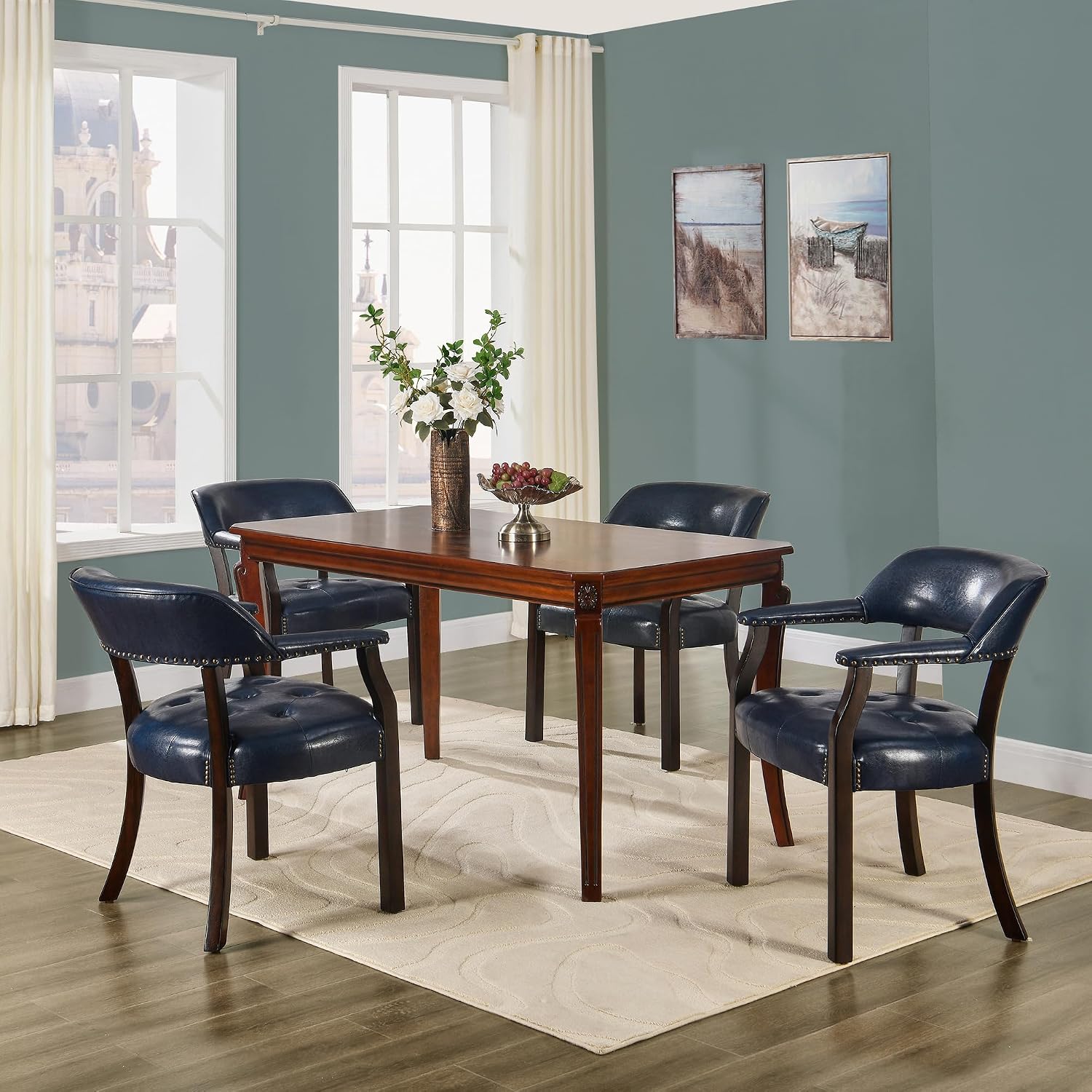 Dining Chairs with Upholstered and Arms,Office Desk Chair with Metal Rivets. PU Boss Captain's Chairs,Classic Accent Stools for Dining Room, Bedroom Brown Legs & Dark Blue NX173-318LB
