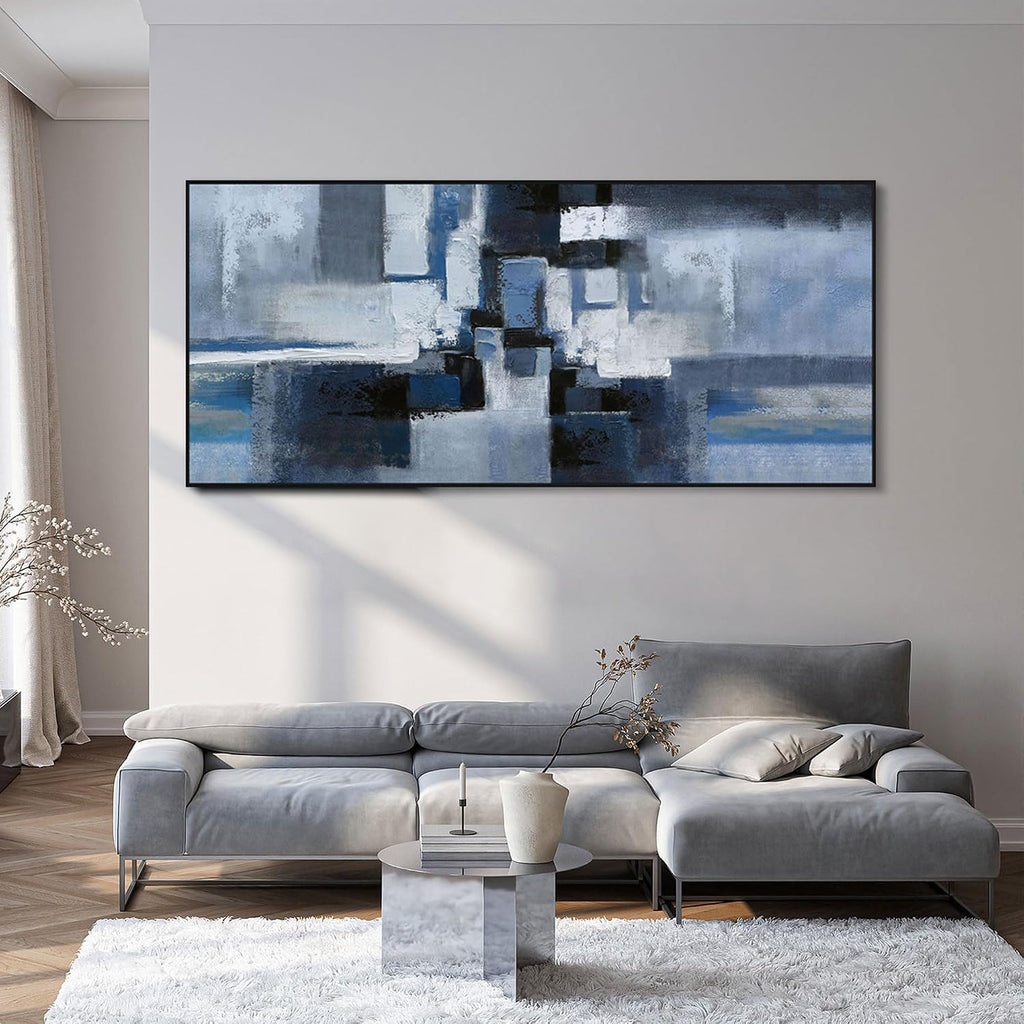 KLAKLA Abstract Wall Art for Living Room - Large Framed Canvas Blue and Black Pictures Artwork for Walls Bedroom Office Modern Wall Decor - 70x31 Inches