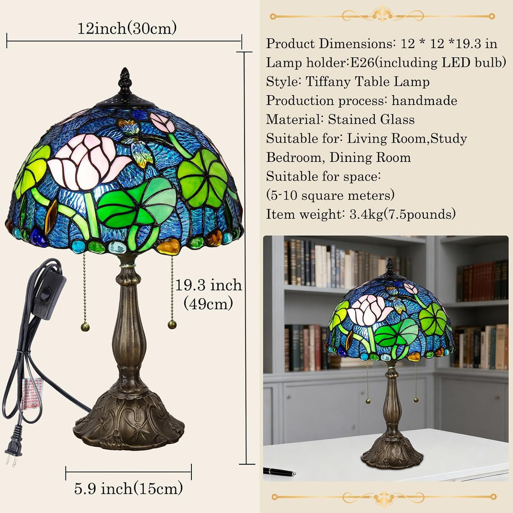 Tiffany Table Lamp, Flower Stained Glass Lamp,12 Inch Tiffany Style Lamp for Bedroom Living Room Home, Handcrafted Light, Included Bulb