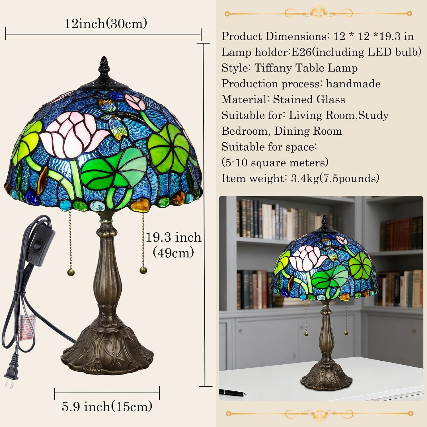 Tiffany Table Lamp, Flower Stained Glass Lamp,12 Inch Tiffany Style Lamp for Bedroom Living Room Home, Handcrafted Light, Included Bulb