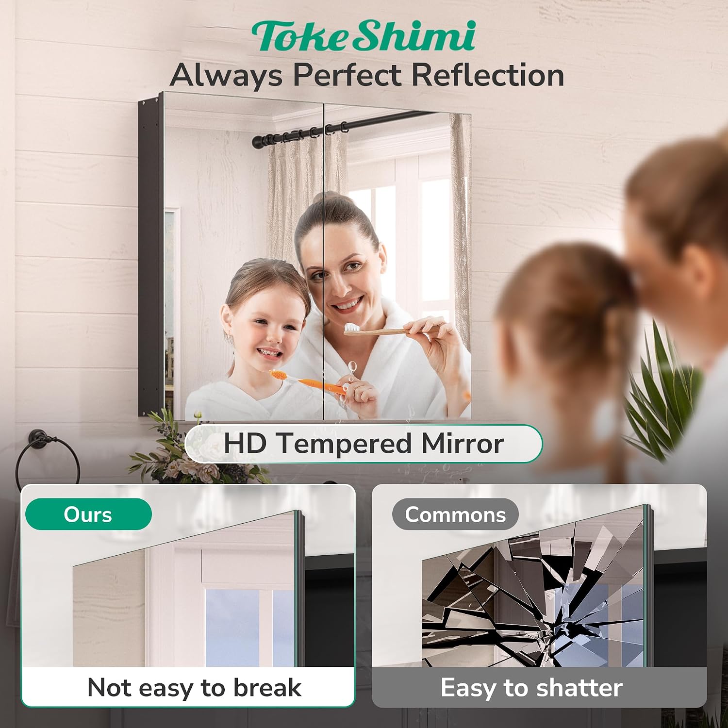 TokeShimi 14x24 Bathroom Mirror with Storage Tempered, Aluminum Black Recessed Medicine Cabinet with Mirror Frameless Stepless Adjustable Shelf, Surface Mount Medicine Cabinet for Bathroom