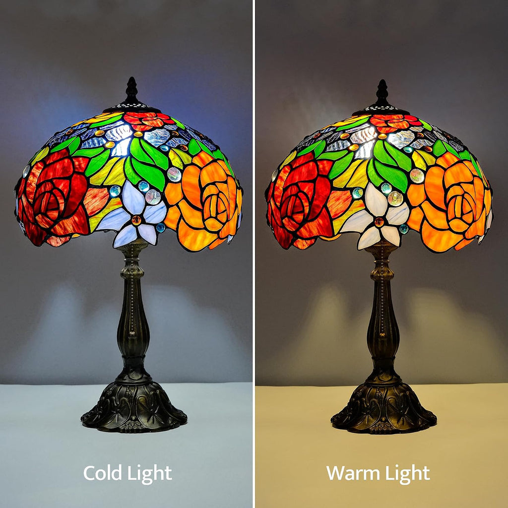 Tiffany Style Stained Glass Table Lamp, Floral Pattern Desk Light with Antique Bronze Resin Base, Red Roses Decorative Lighting for Bedroom, Living Room, Office 12X12X19 Inch