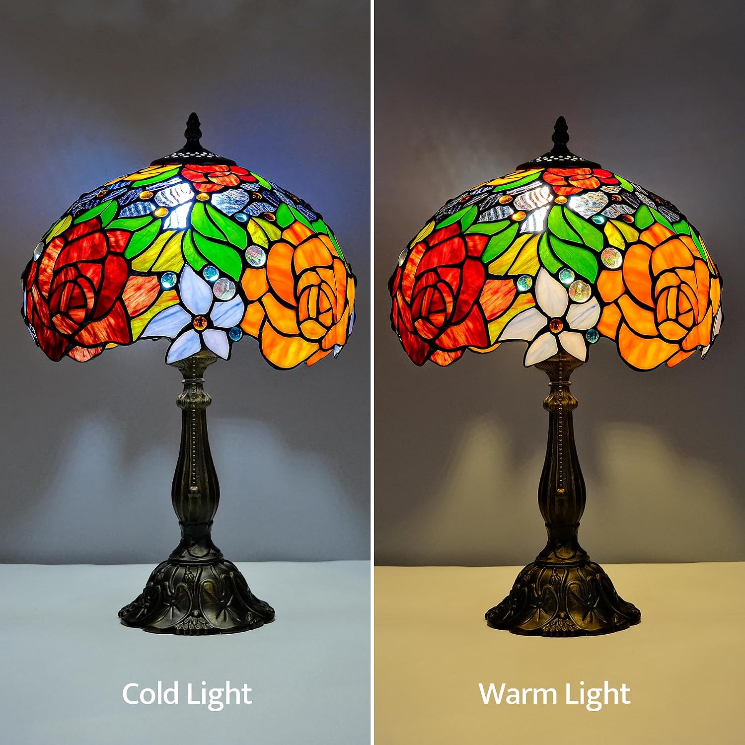 Tiffany Style Stained Glass Table Lamp, Floral Pattern Desk Light with Antique Bronze Resin Base, Red Roses Decorative Lighting for Bedroom, Living Room, Office 12X12X19 Inch
